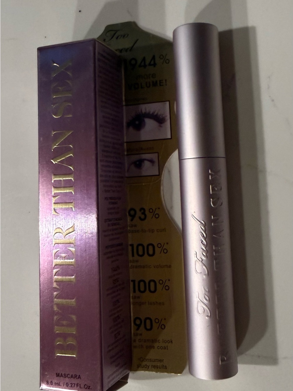 Like Too Faced Mascara Tube in Metallic Pink and Gold Packaging